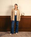 Beige Button Down Shirt With Inner & Mid Blue Wide Leg Jeans