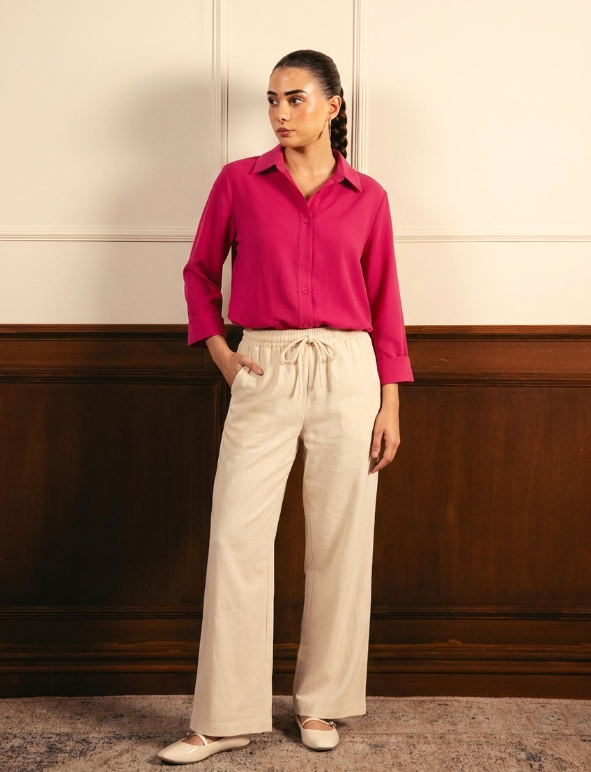 Hot Pink Button Down & Beige Flapper Trouser
