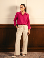 Hot Pink Button Down & Beige Flapper Trouser