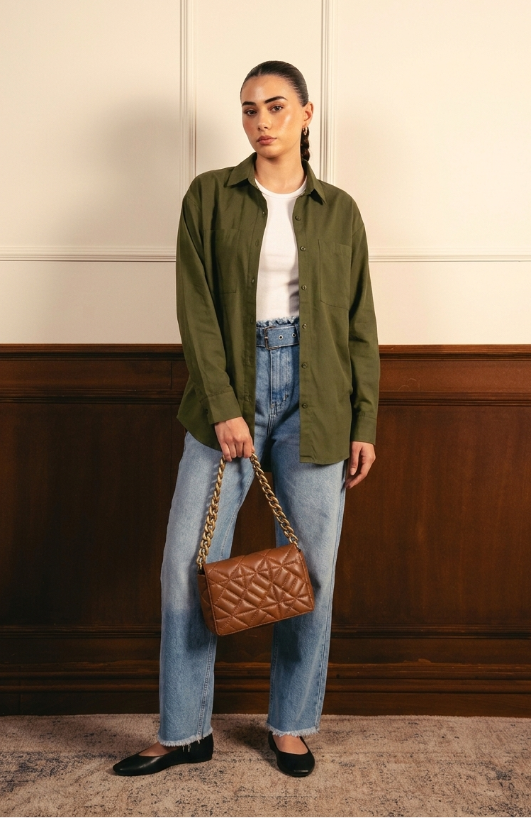 Olive Green Button Down Shirt With Inner & Mid Blue Wide Leg Jeans