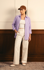 Lilac Button Down Shirt with Inner & White Wide Legs Jeans