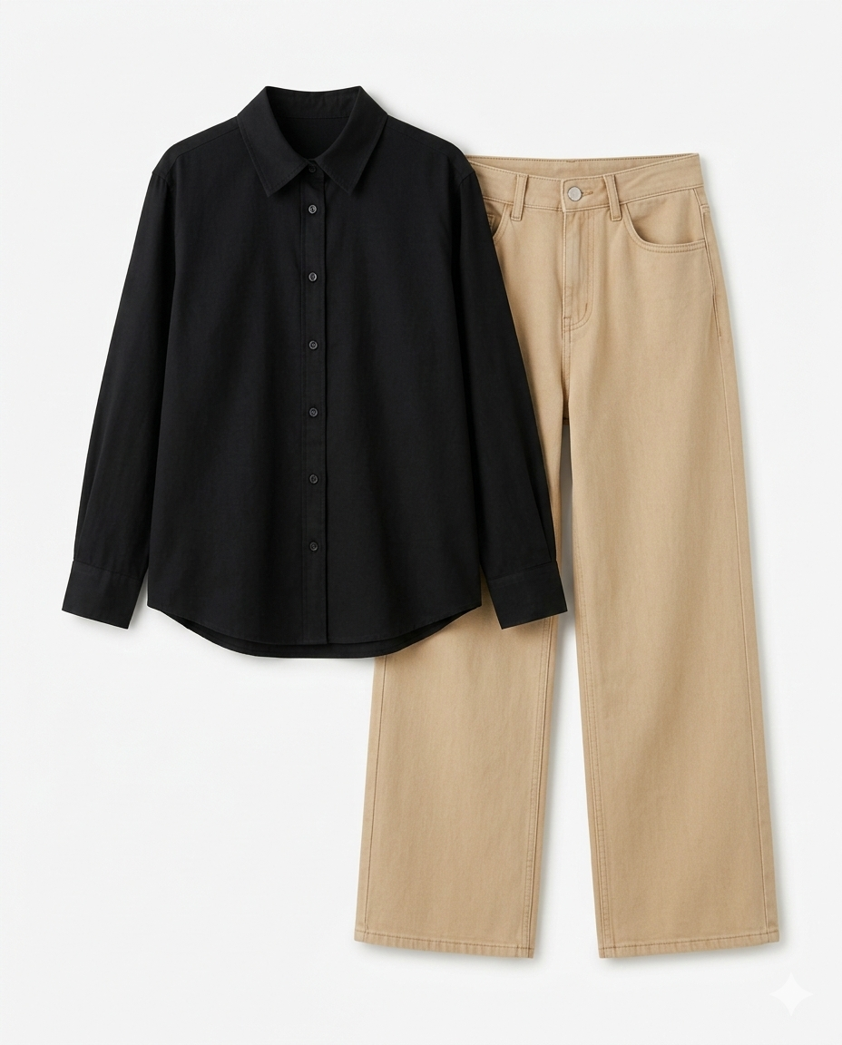 Black Button Down Shirt With Beige Wide Leg Jeans