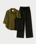 Olive Green Button Down Shirt With Black Inner & Black Flapper Trouser