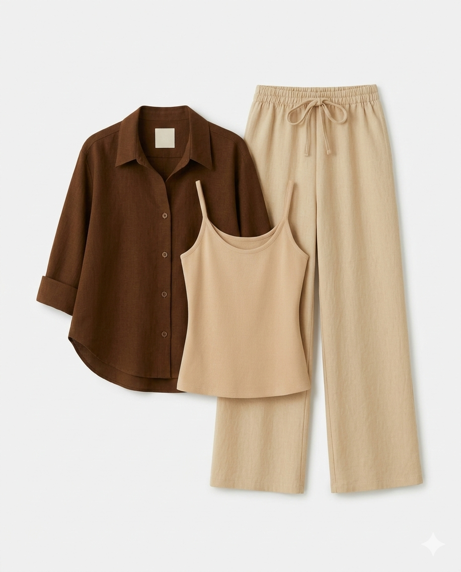 Brown Button Down Shirt With Beige Inner & Beige Flapper Trouser
