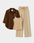 Brown Button Down Shirt With Beige Inner & Beige Flapper Trouser