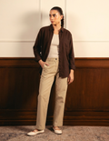 Brown Button Down Shirt With Inner & Beige Wide Leg Jeans