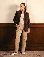 Brown Button Down Shirt With Inner & Beige Wide Leg Jeans