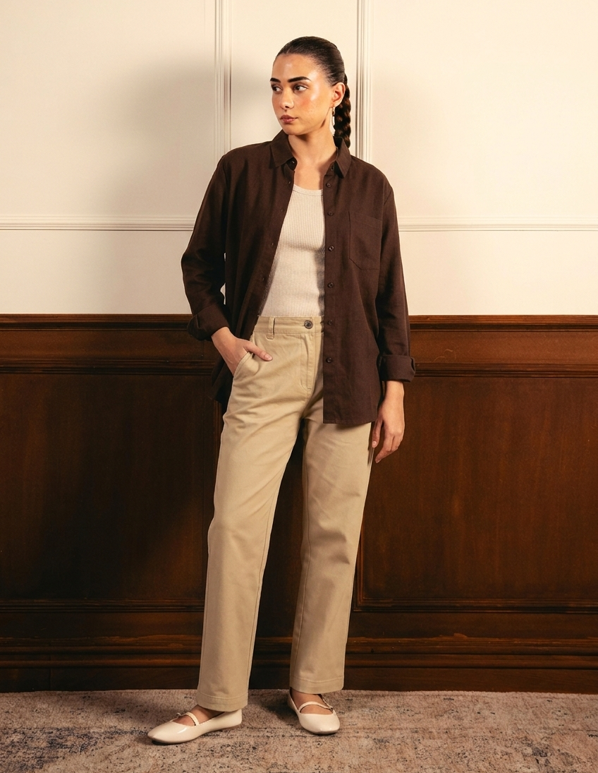Brown Button Down Shirt With Inner & Beige Wide Leg Jeans