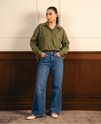 Olive Green Button Down Shirt & Mid-Blue Wide Legs Jeans