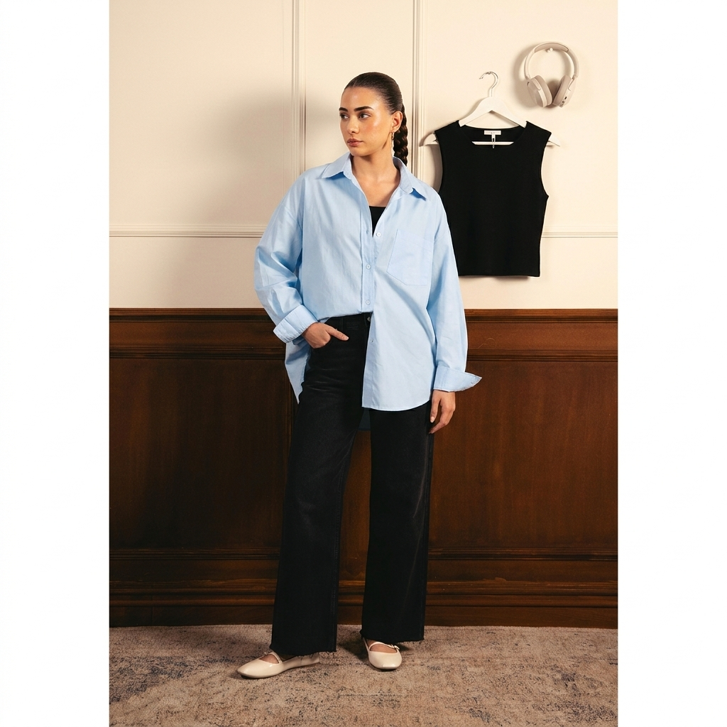 Sky Blue Button Down Shirt with Black Inner & Black Wide Legs Jeans