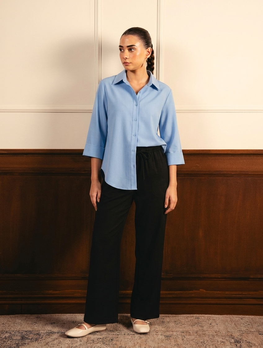 Sky Blue Button Down Shirt & Black Flapper Trouser