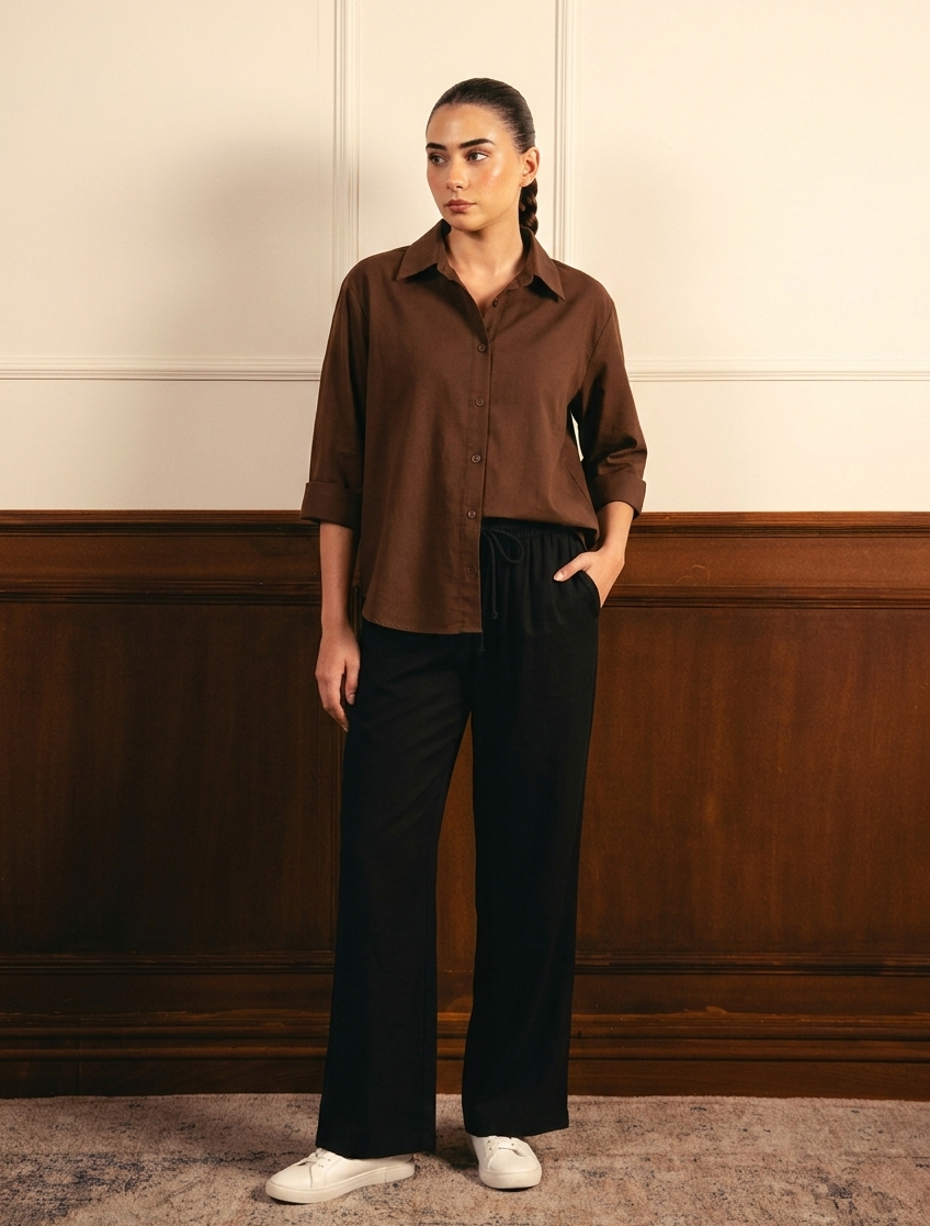 Brown Button Down Shirt & Black Flapper Trouser