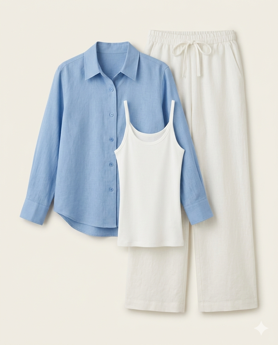 Sky Blue Button Down Shirt With White Inner & White Flapper Trouser