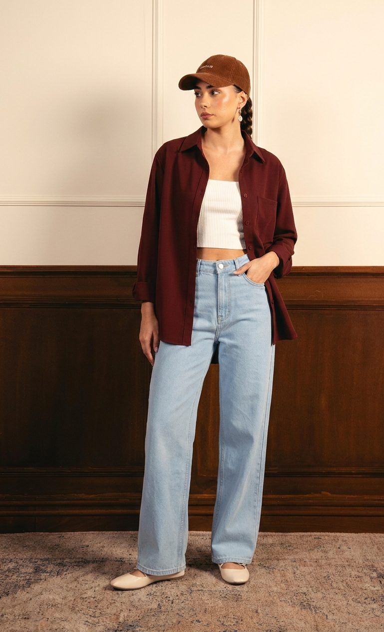Maroon Button Down Shirt with Inner & Ice-Blue Wide Legs Jeans