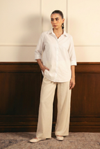 White Button Down Shirt & Beige Flapper Trouser
