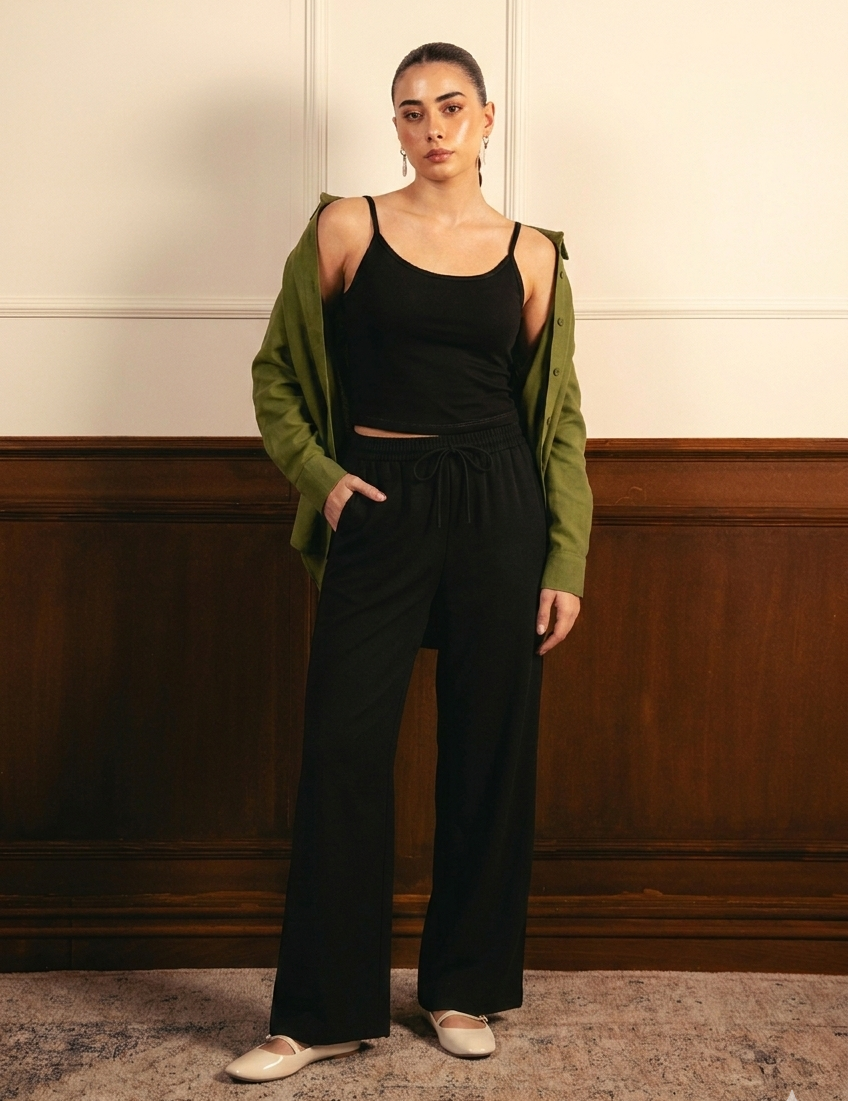 Olive Green Button Down Shirt With Black Inner & Black Flapper Trouser