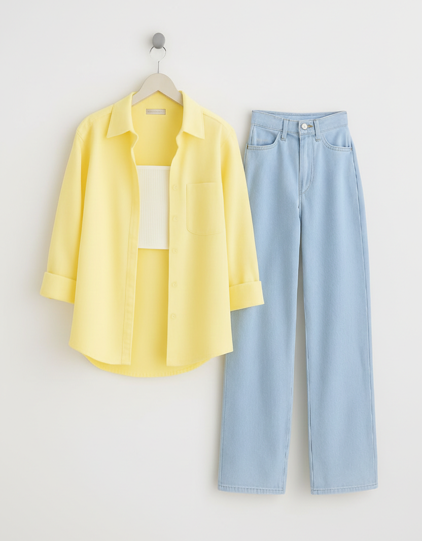 Lemon Button Down Shirt With Inner & Ice-Blue Wide Leg Jeans