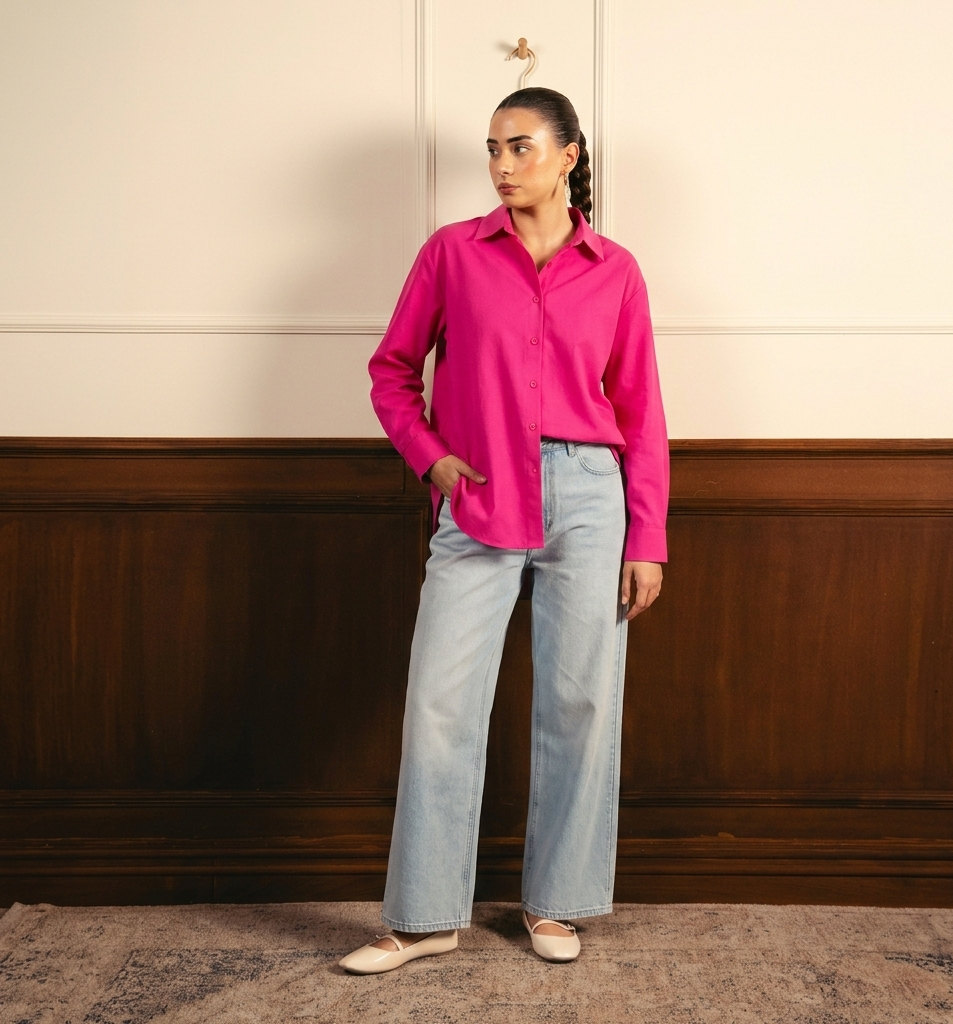 Hot Pink Button Down Shirt & Ice-Blue Wide Leg Jeans