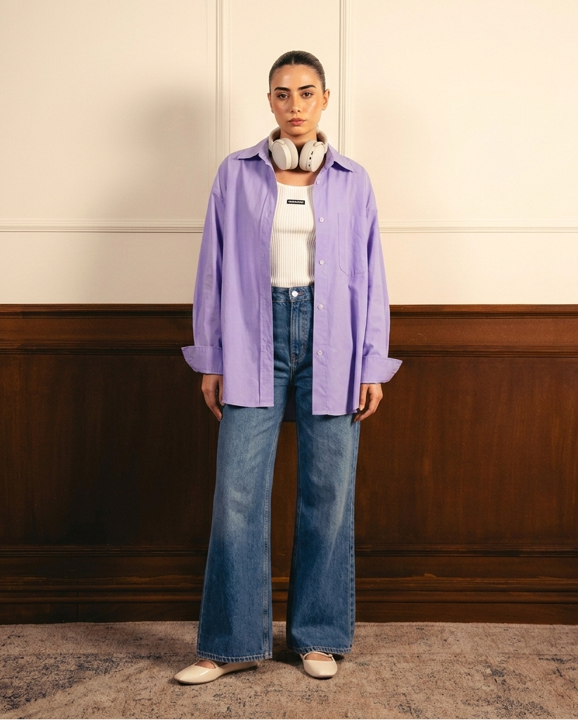 Lilac Button Down Shirt With White Inner & Mid Blue Wide Leg Jeans