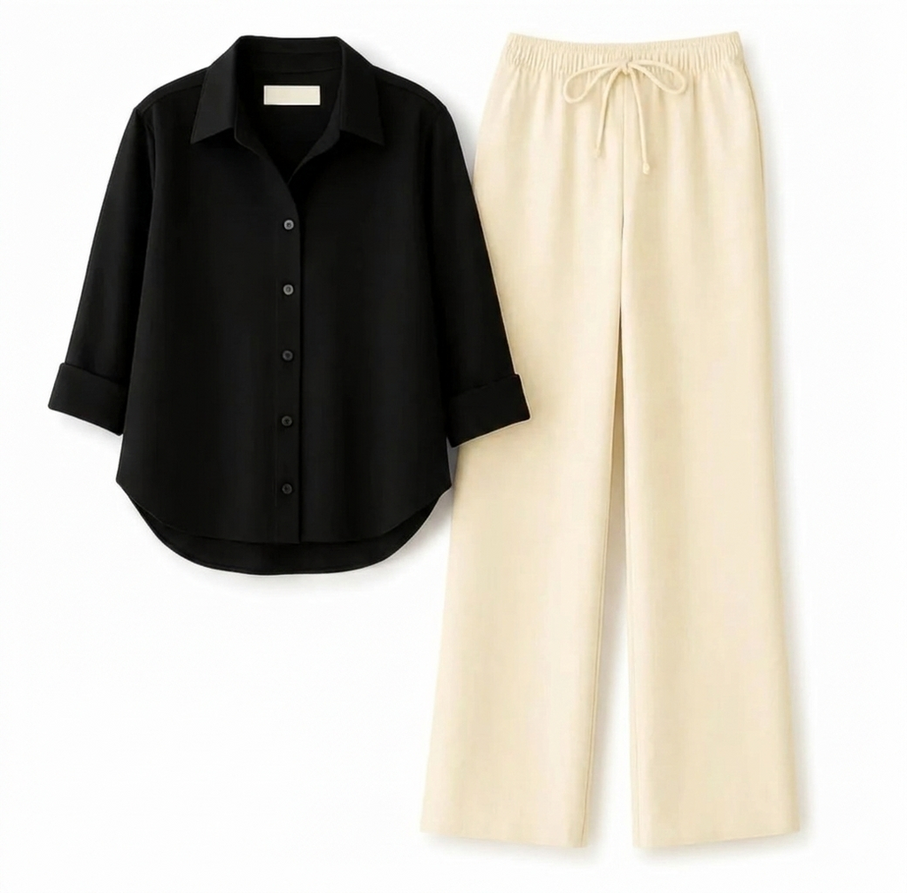 Black Button Down Shirt & Beige Flapper Trouser