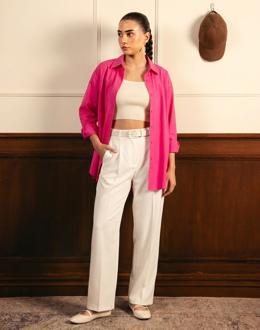 Hot Pink Button Down Shirt with Inner & White Wide Legs Jeans