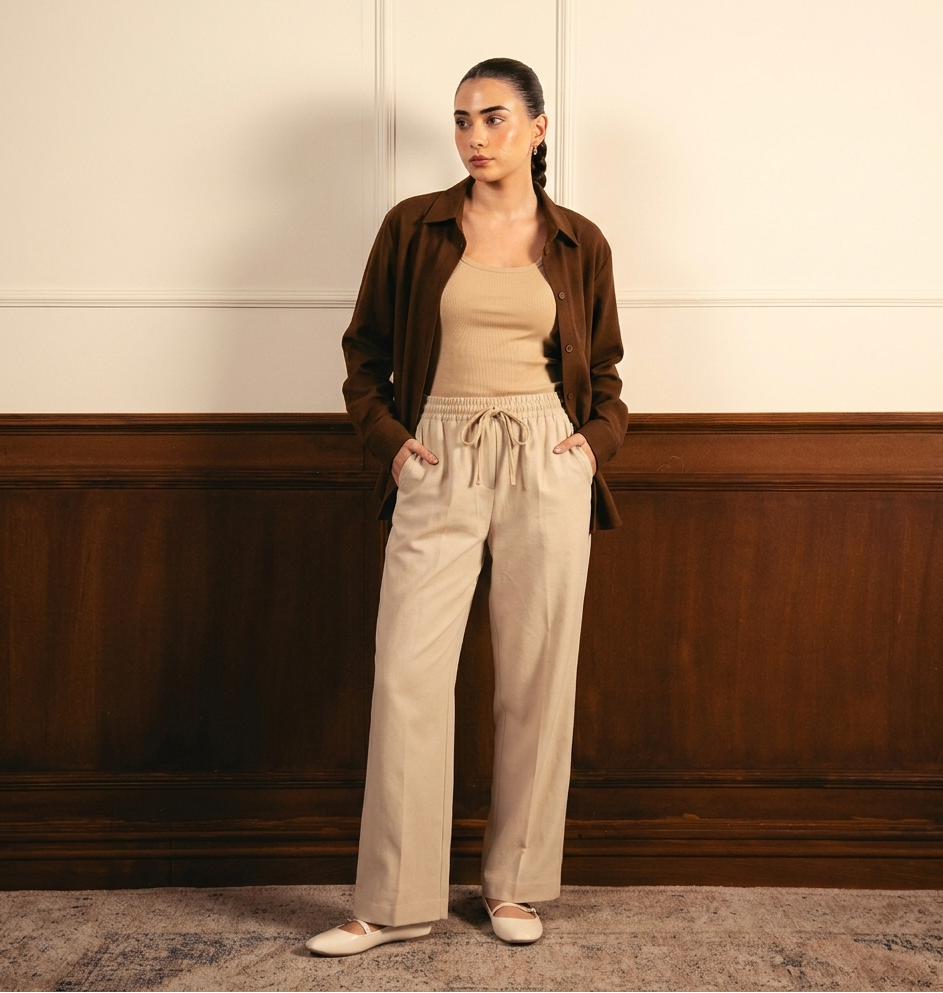 Brown Button Down Shirt With Beige Inner & Beige Flapper Trouser