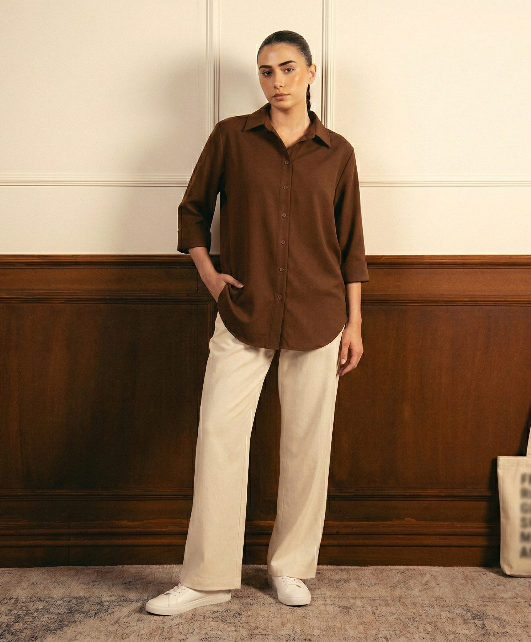 Brown Button Down Shirt & Beige Flapper Trouser