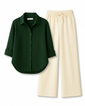 Bottle Green Button Down Shirt With Beige Flapper Trouser