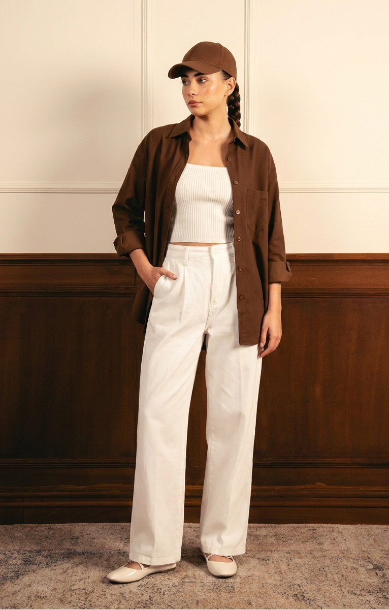 Brown Button Down Shirt with Inner & White Wide Legs Jeans