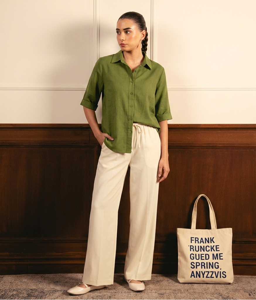 Olive Green Button Down Shirt & Beige Flapper