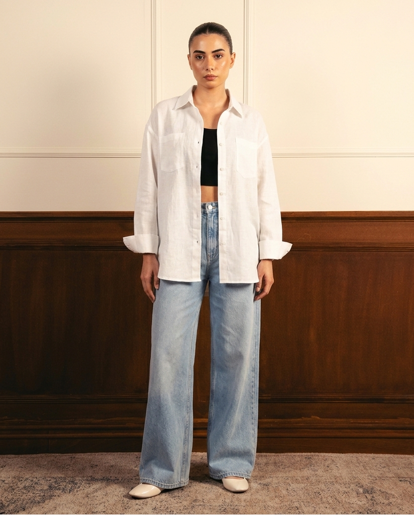 White Button Down Shirt With Black Inner & Ice-Blue Wide Legs Jeans