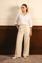 White Button Down Shirt & Beige Flapper Trouser