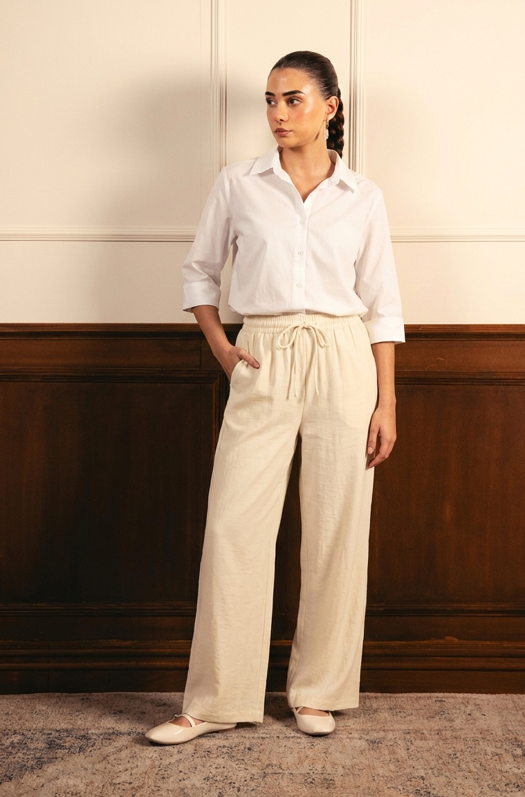 White Button Down Shirt & Beige Flapper Trouser