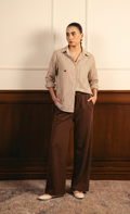 BEIGE LINING BUTTON DOWN SHIRT WITH BROWN FLAPPER TROUSER