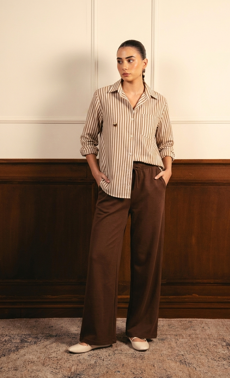 BEIGE LINING BUTTON DOWN SHIRT WITH BROWN FLAPPER TROUSER