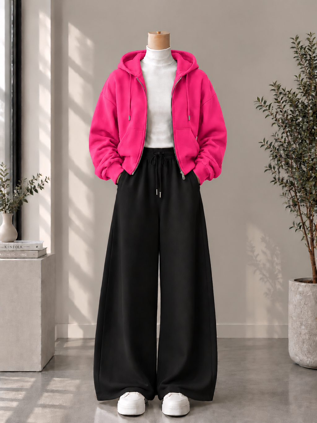 Zipper Hoodie with White High Neck & Black Flapper Trouser
