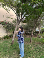 Blue Leaf Print Short Kurti With Flared Sleeves