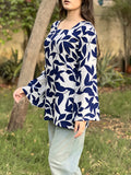 Blue Leaf Print Short Kurti With Flared Sleeves