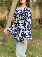 Blue Leaf Print Short Kurti With Flared Sleeves
