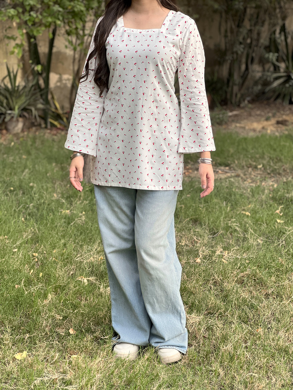White Cherry Short kurti With Flared Sleeves