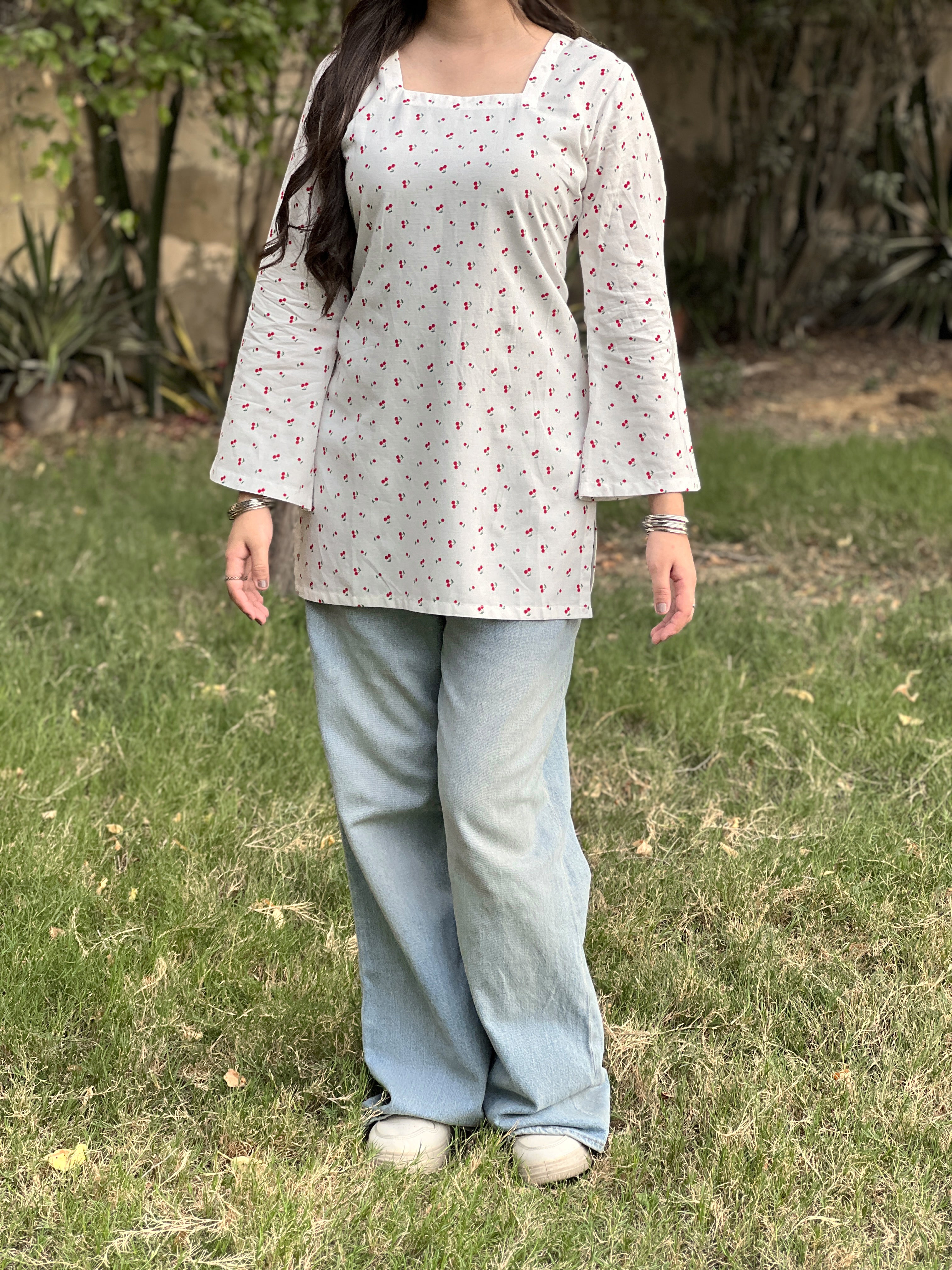 White Cherry Short kurti With Flared Sleeves