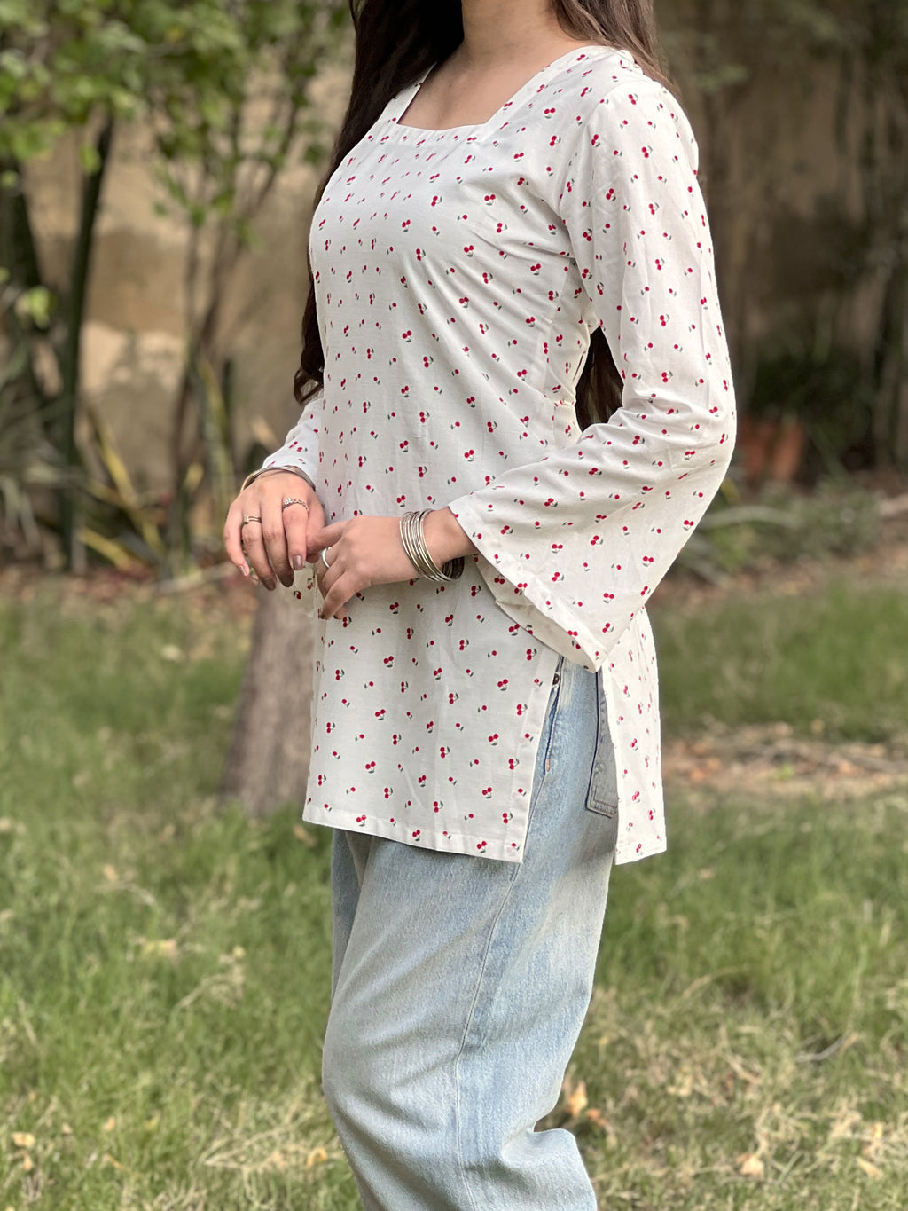 White Cherry Short kurti With Flared Sleeves