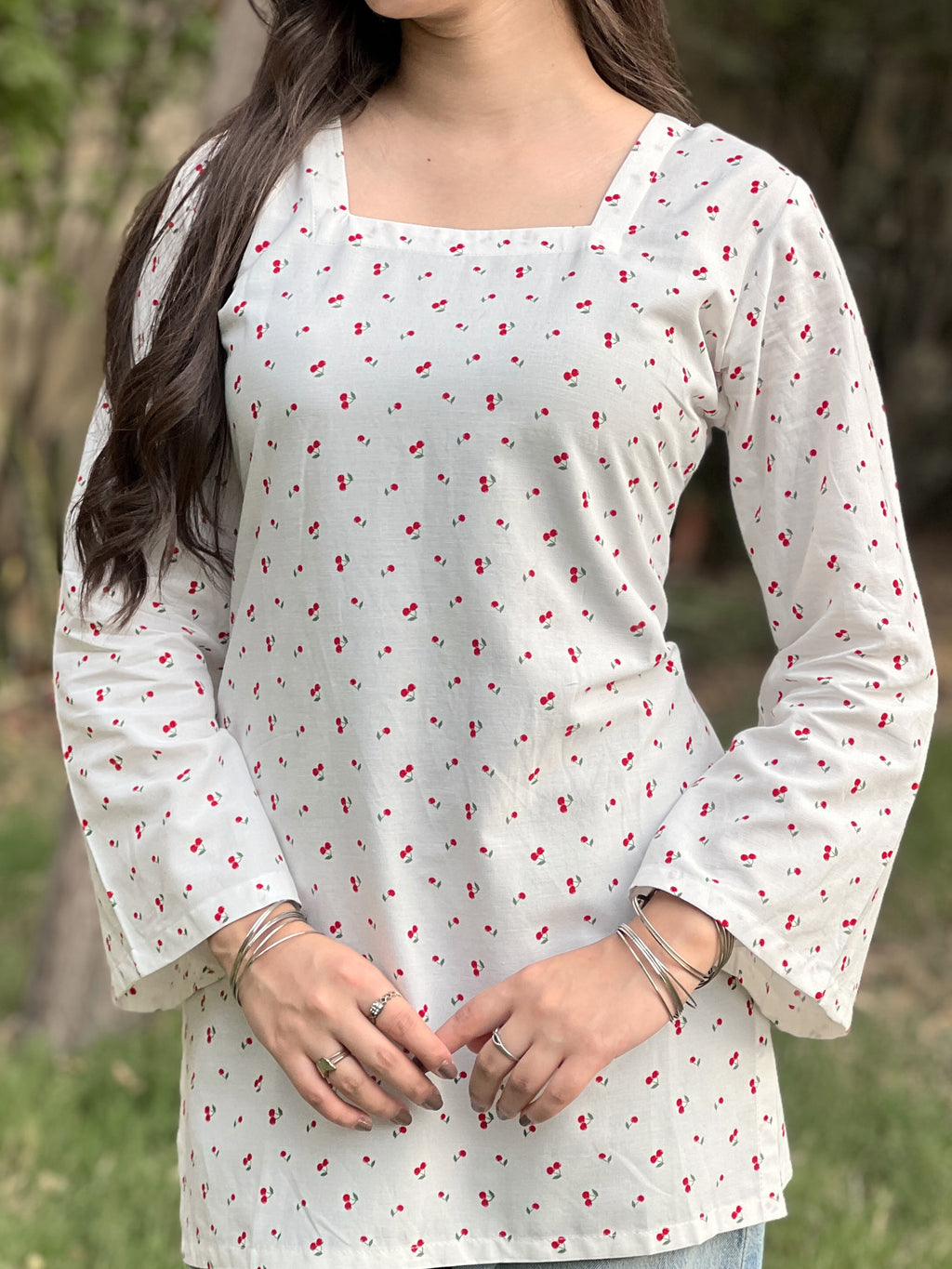 White Cherry Short kurti With Flared Sleeves