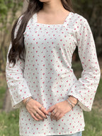 White Cherry Short kurti With Flared Sleeves