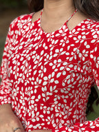 Red White Leaf Print Short Kurti With Flared Sleeves