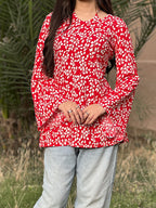 Red White Leaf Print Short Kurti With Flared Sleeves