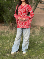 Red White Leaf Print Short Kurti With Flared Sleeves