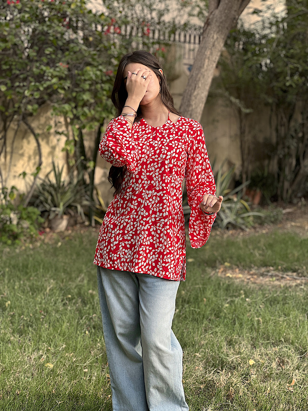 Red White Leaf Print Short Kurti With Flared Sleeves