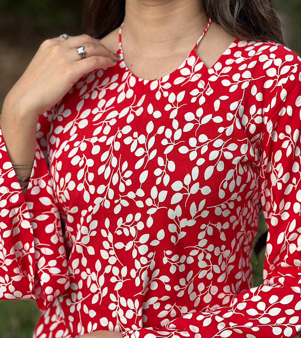 Red White Leaf Print Short Kurti With Flared Sleeves