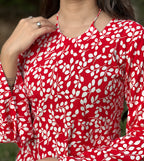 Red White Leaf Print Short Kurti With Flared Sleeves